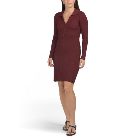 MADDEN GIRL Dresses & Skirts - MADDEN GIRL Burgundy Collared Button Front Sweater Mini Dress